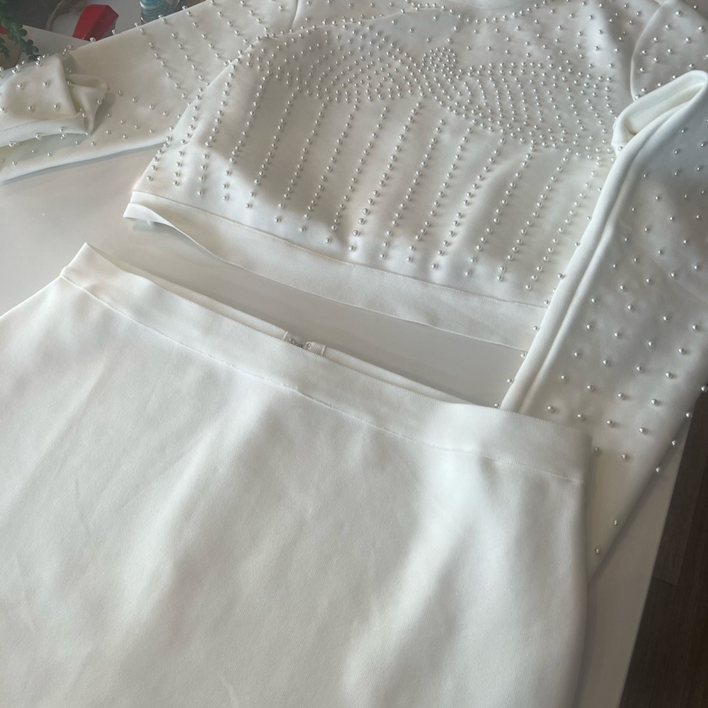Venus two piece white beaded suit with skirt size 1x